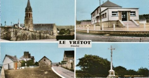 Carte postale de quatre vues du Vrétot : l'église, l'école, la mairie et le calvaire