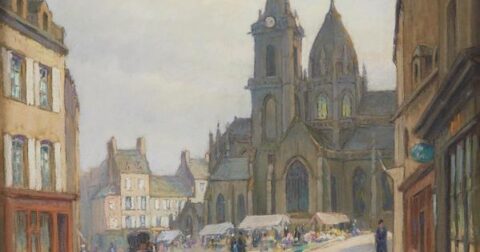 Oeuvre de Maurice Pigeon : l'église Saint-Malo de Valognes et la place Vicq d'Azir avant les bombardements de juin 1944.