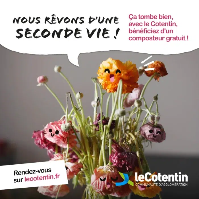 Valorisation biodéchets Agglomération du Cotentin : fleurs animées invitant au compostage individuel