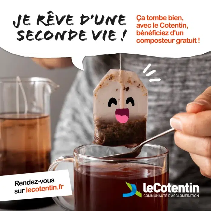 Valorisation biodéchets Agglomération du Cotentin : sachet de thé animé invitant au compostage individuel