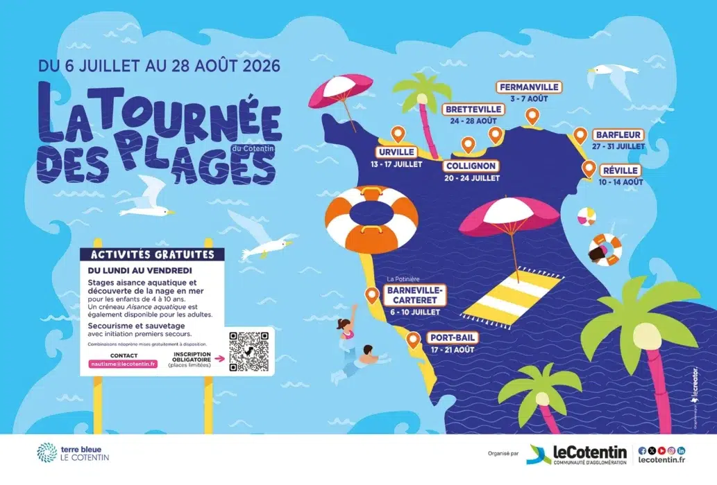 Affiche de la tournée des plages 2026
Barneville-Carteret : du 6 au 10 juillet
Urville-Nacqueville : du 13 au 17 juillet
Collignon : du 20 au 24 juillet
Barfleur : du 27 au 31 juillet
Fermanville : du 3 au 7 août
Réville : du 10 au 14 août
Port-Bail-sur-Mer : du 17 au 21 août
Bretteville : du 24 au 28 août