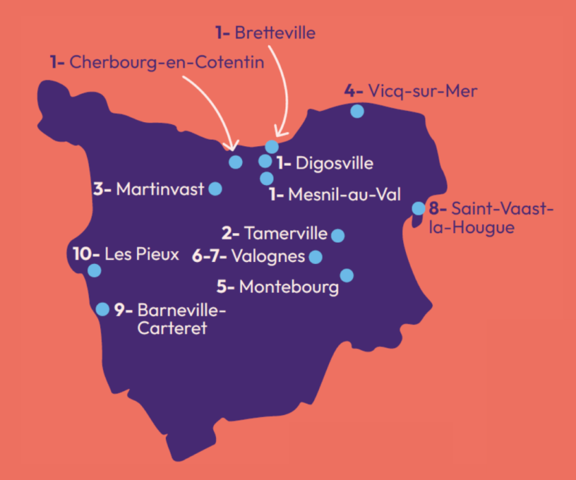 Carte du Cotentin localisant les 10 rendez-vous des Semaines d’information sur la santé mentale 2026.