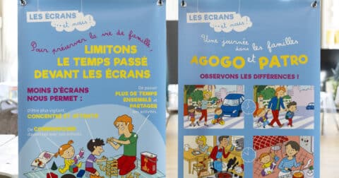 Affiches de sensibilisation à la surexposition aux écrans chez l'enfant, présentées lors du colloque